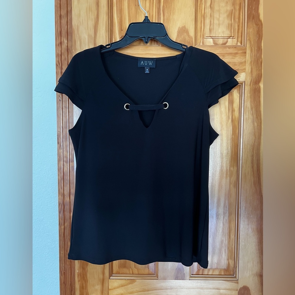 AUW Black Blouse with Gold Accent V-Neck Size Medium